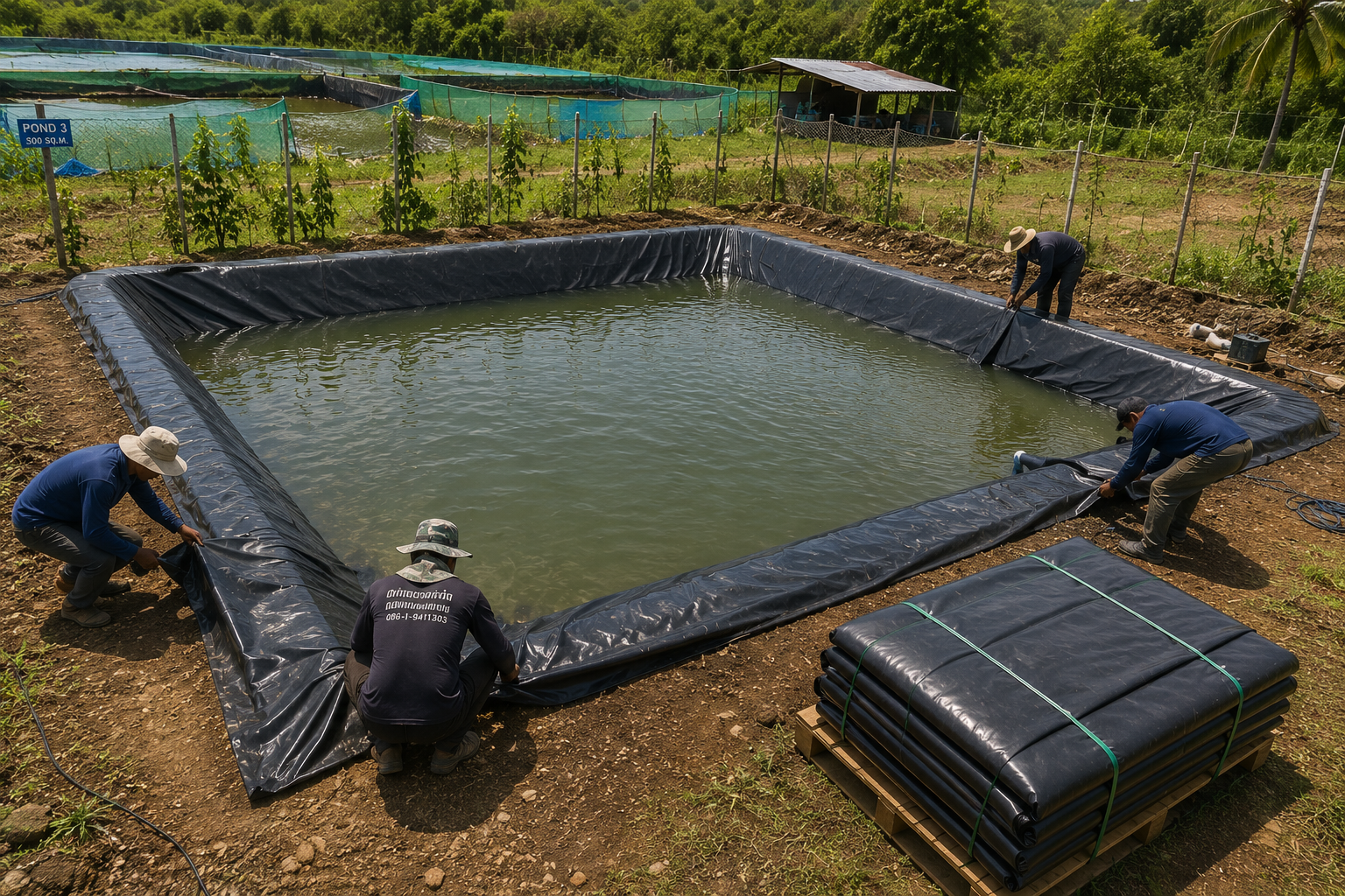 ANVIX prefabricated pond liner unfolded on site with folded panels on pallet