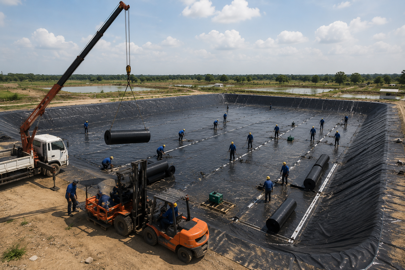 Traditional on-site geomembrane installation with crane and forklift