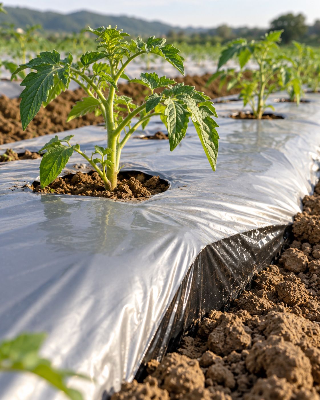Tomato seedling growing through thin mulch film