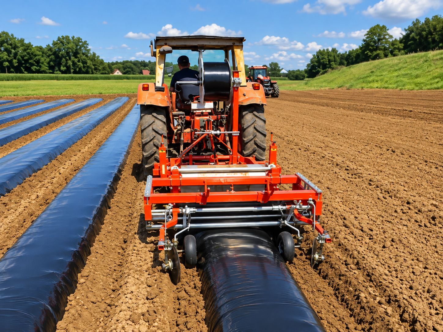 Tractor laying Core Thin mulch film on a field bed
