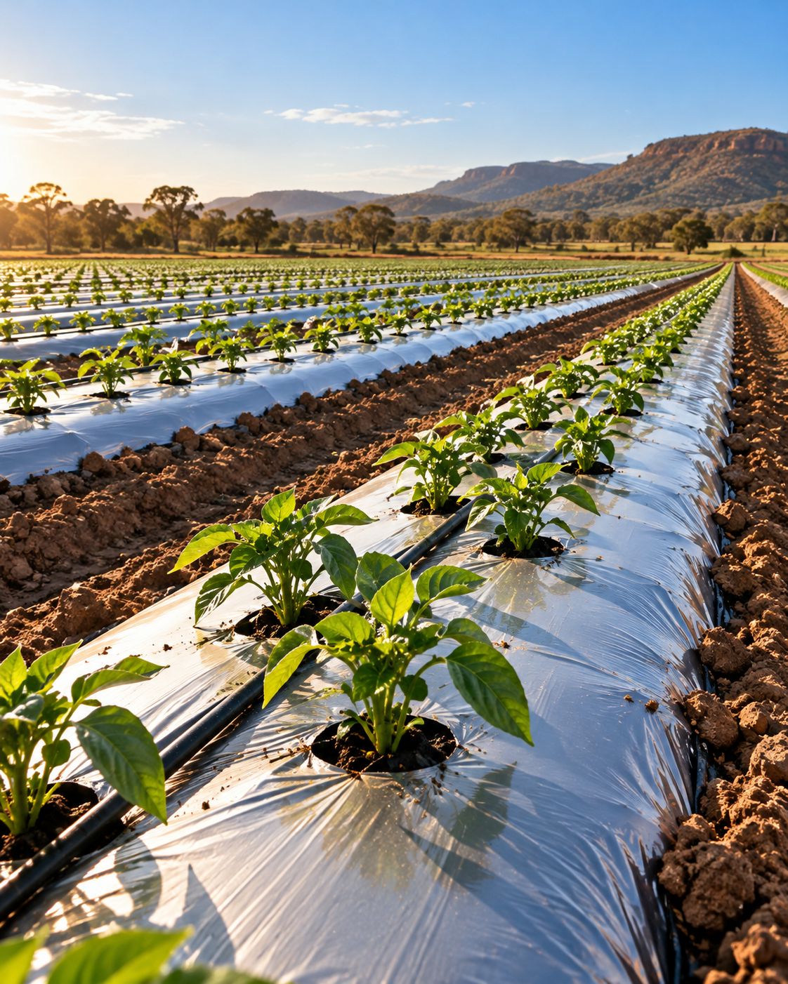 Silver/black reflective mulch film on pepper rows