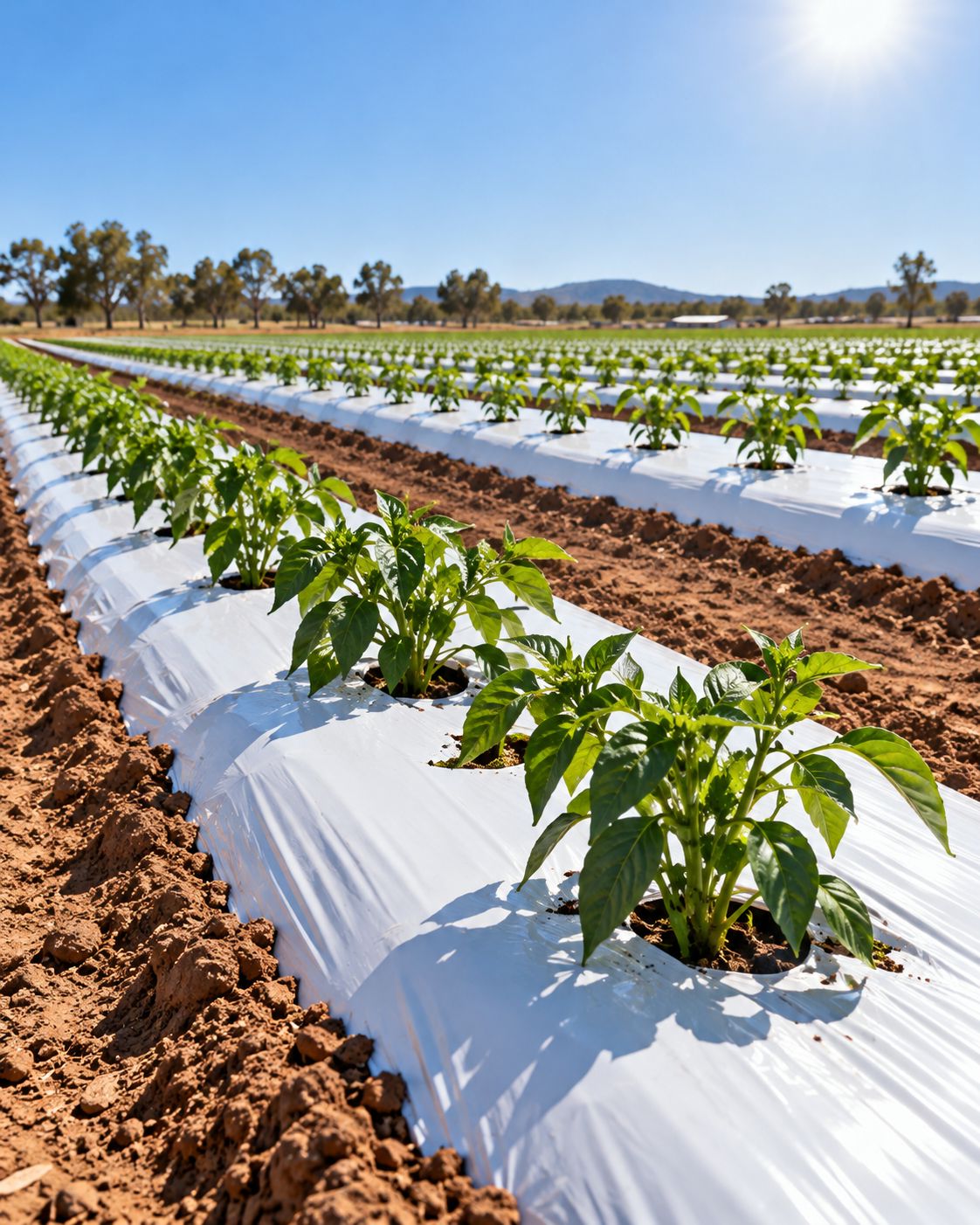 White/black mulch film on pepper rows